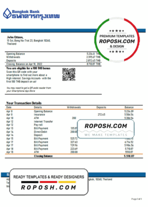 Thailand Bangkok Bank statement template in Word and PDF format, version 2