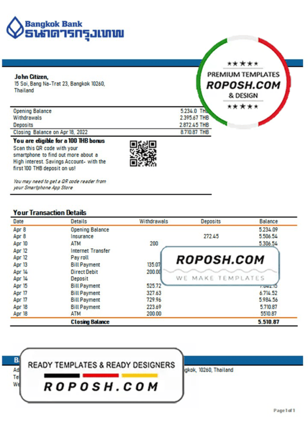 Thailand Bangkok Bank statement template in Word and PDF format, version 2