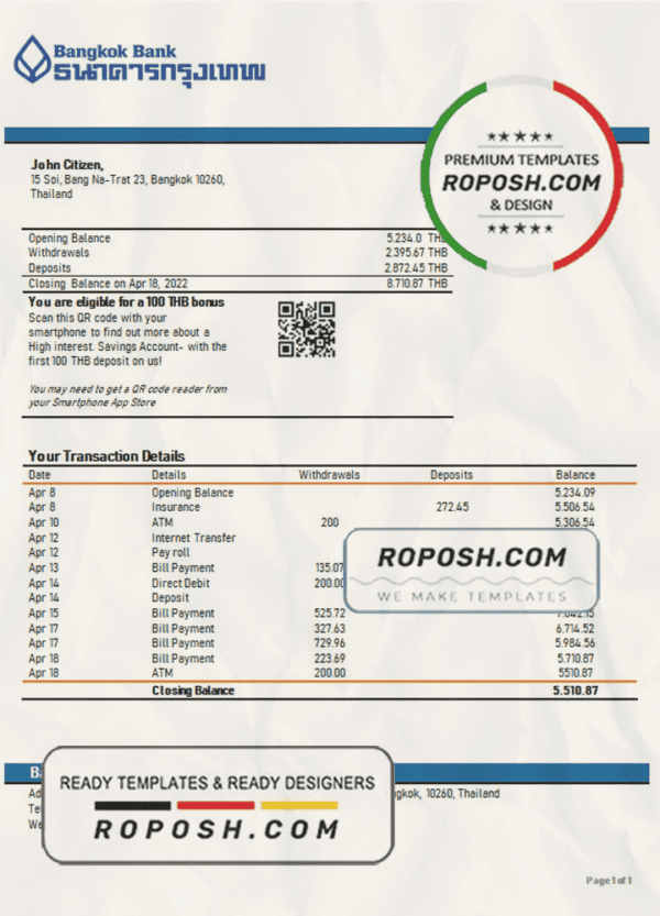 Thailand Bangkok Bank statement template in Word and PDF format, version 2