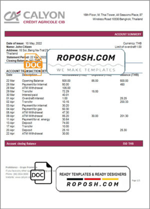 Thailand Caylon Bank statement template in Word and PDF format
