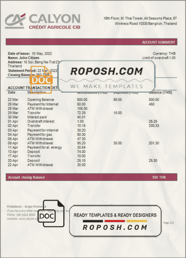 Thailand Caylon Bank statement template in Word and PDF format