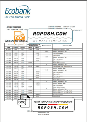 Togo Ecobank Bank statement template in Word and PDF format