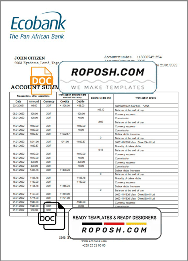 Togo Ecobank Bank statement template in Word and PDF format