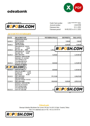 Turkey Odeabank bank statement, Excel and PDF template