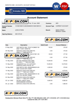 UAE Dubai NBD bank statement Word and PDF template, version 2