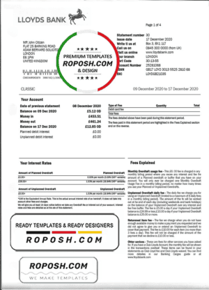 United Kingdom Lloyds bank proof of address statement template, fully editable in PSD format