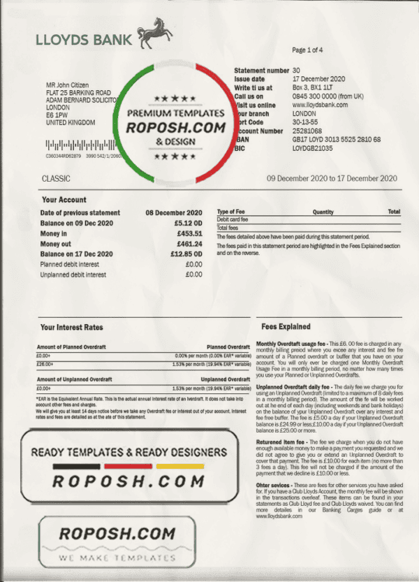 United Kingdom Lloyds bank proof of address statement template, fully editable in PSD format