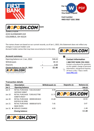 USA Bay First bank statement, Word and PDF template, 2 pages, version 2