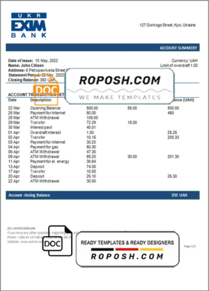 Ukraine Ukreximbank Bank statement template, Word and PDF format (.doc and .pdf)