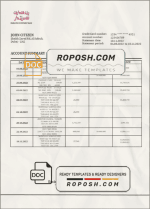 United Arab Emirates Investment Bank statement template in Word and PDF format