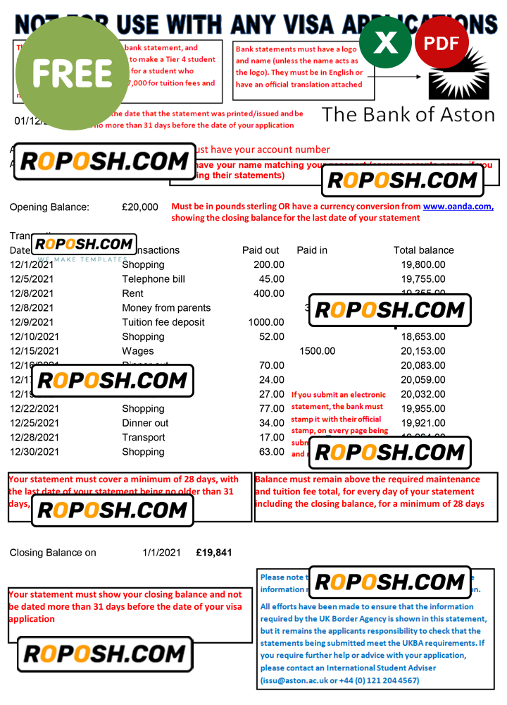 United Kingdom The Bank of Aston bank statement template in Excel and PDF format