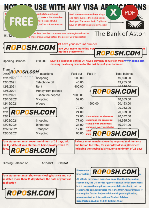 United Kingdom The Bank of Aston bank statement template in Excel and PDF format
