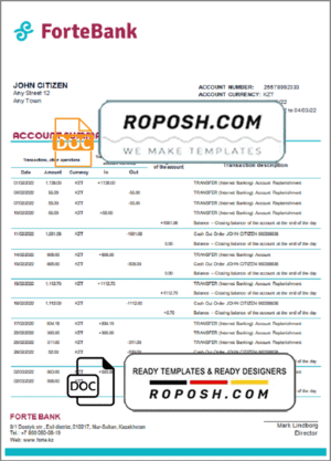Kazakhstan Forte bank statement template in Word and PDF format
