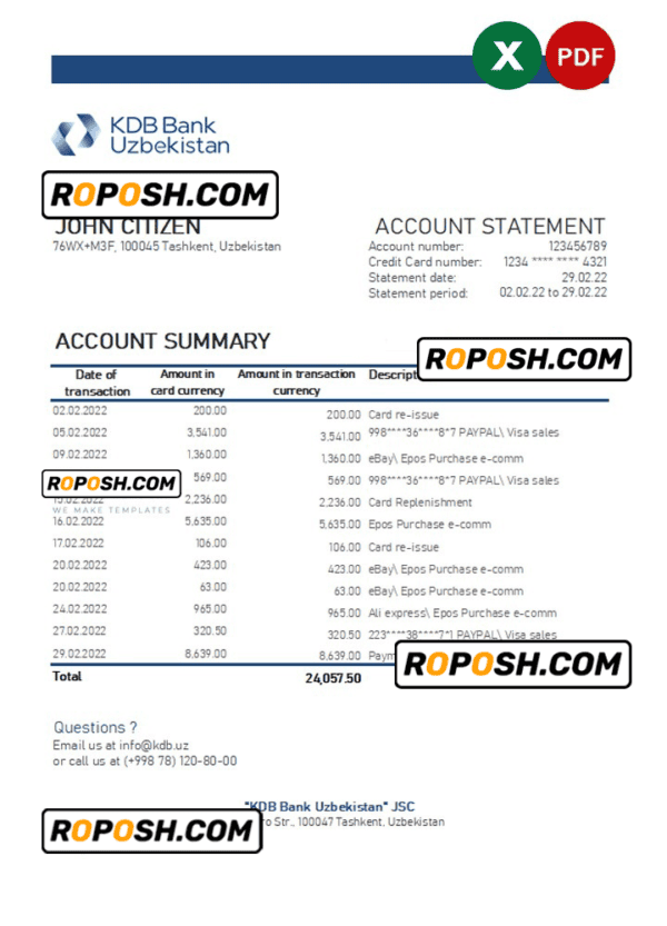 Uzbekistan KDB bank statement, Excel and PDF format