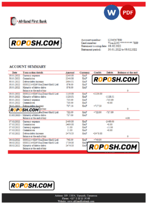 Cameroon Afriland First bank statement Word and PDF template