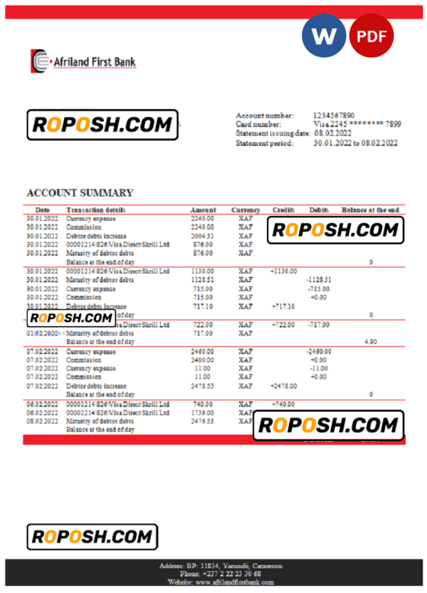 Cameroon Afriland First bank statement Word and PDF template