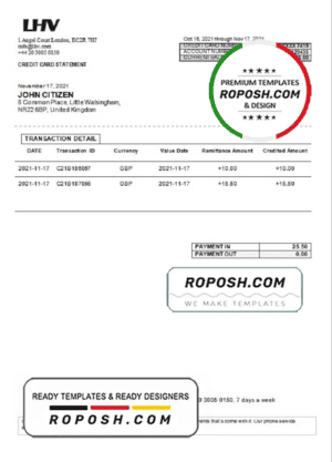 United Kingdom LHV Group bank statement in Word and PDF format