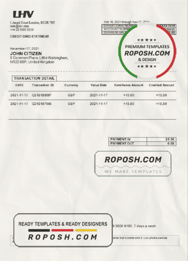 United Kingdom LHV Group bank statement in Word and PDF format