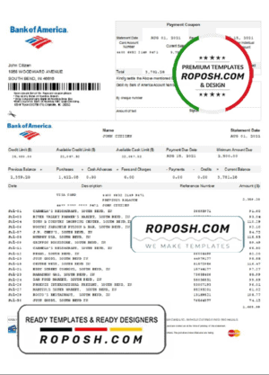 USA Bank of America bank statement template in Excel and PDF format, version 5