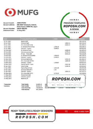 Japan MUFG bank statement template in Excel and PDF format