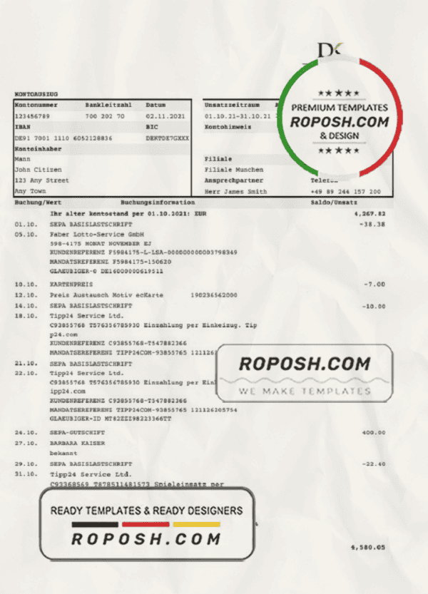 Germany Deutsche Handelsbank AG bank statement template in .xls and .pdf format