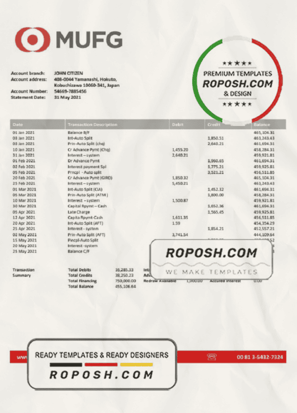 Japan MUFG bank statement template in Excel and PDF format