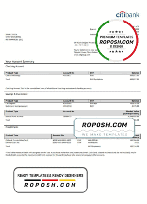 France Citibank bank statement template in Word and PDF format