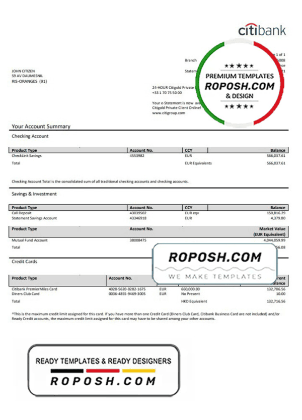 France Citibank bank statement template in Word and PDF format