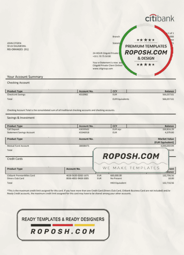 France Citibank bank statement template in Word and PDF format