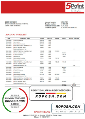USA Texas 5Point Credit Union bank statement template in Word and PDF format