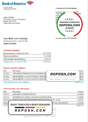 USA Bank of America bank statement template in Word and PDF format, version 4
