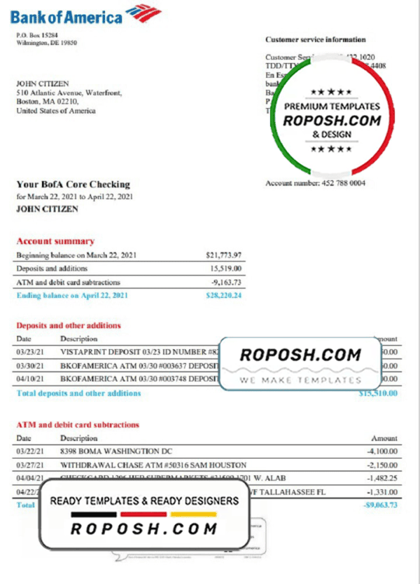 USA Bank of America bank statement template in Word and PDF format, version 4