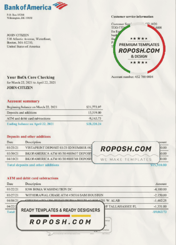 USA Bank of America bank statement template in Word and PDF format, version 4