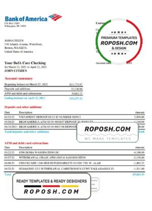USA Bank of America bank statement template in Excel and PDF format, version 4