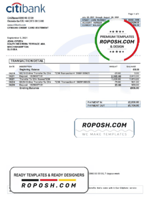 United Kingdom Citibank bank statement template in .doc and .pdf format