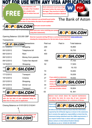 United Kingdom The Bank of Aston bank statement template in Word format