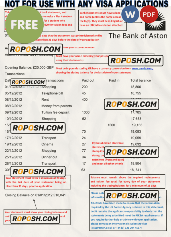 United Kingdom The Bank of Aston bank statement template in Word format