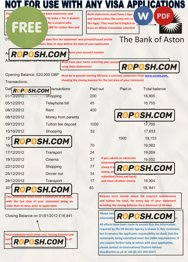 United Kingdom The Bank of Aston bank statement template in Word format scan effect