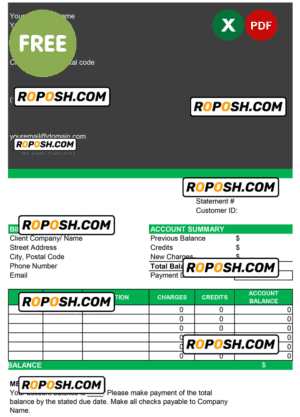 bank account statement sample, Excel and PDF format