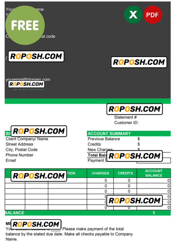 bank account statement sample, Excel and PDF format