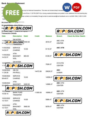 bank account statement sample in .doc and .pdf formats