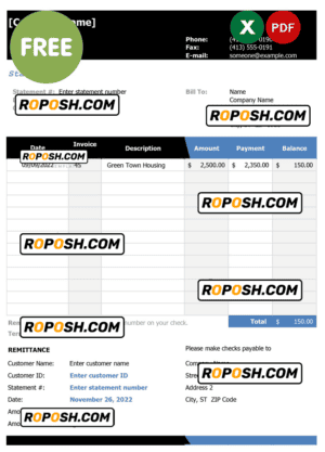 bank statement example template, Excel and PDF format