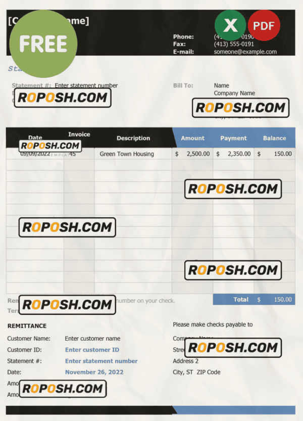 bank statement example template, Excel and PDF format