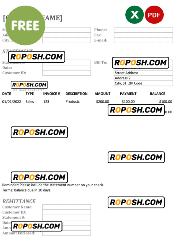 bank statement template in Excel and PDF formats