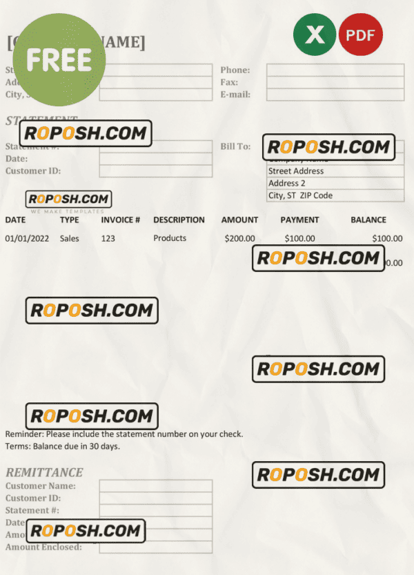 bank statement template in Excel and PDF formats