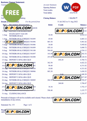 business cheque statement Word and PDF template