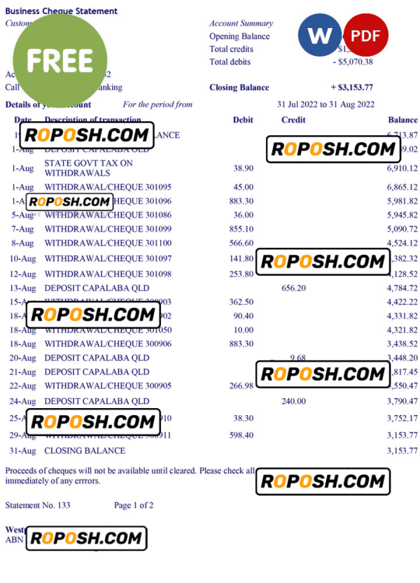 business cheque statement Word and PDF template