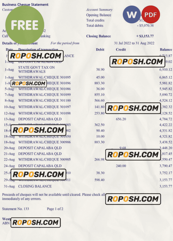 business cheque statement Word and PDF template