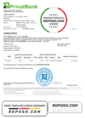 Ukraine Privatbank bank statement template in Word and PDF format