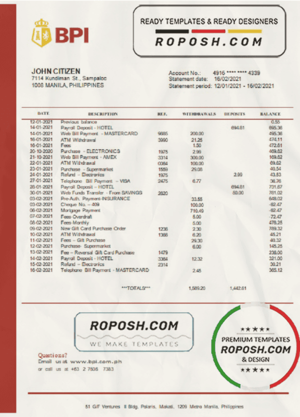 Philippines Bank of the Philippine Islands proof of address bank statement template in Word and PDF format